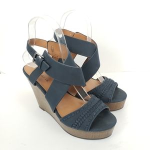 Indigo Road Blue Faux Wood Strappy Wedged Heels Size 6